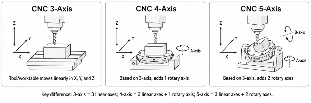 CNC 3-axis, 4-axis, and 5-axis machining comparison diagram