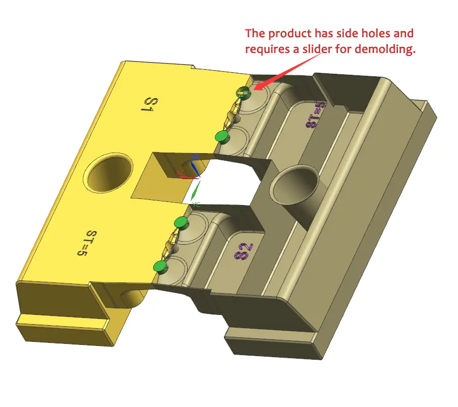 Injection-molded part with side holes